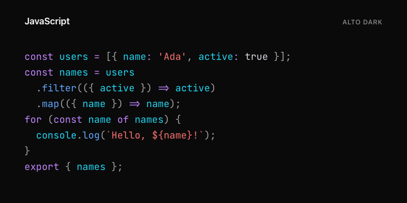 JavaScript highlighted with Alto Dark