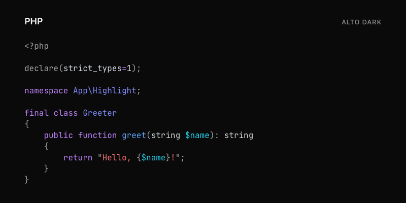 PHP highlighted with Alto Dark