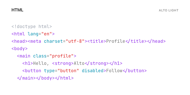 HTML highlighted with Alto Light