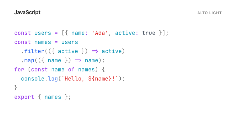 JavaScript highlighted with Alto Light