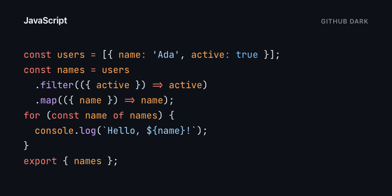 JavaScript highlighted with GitHub Dark