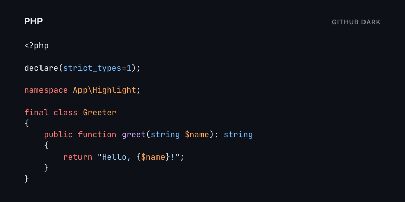 PHP highlighted with GitHub Dark