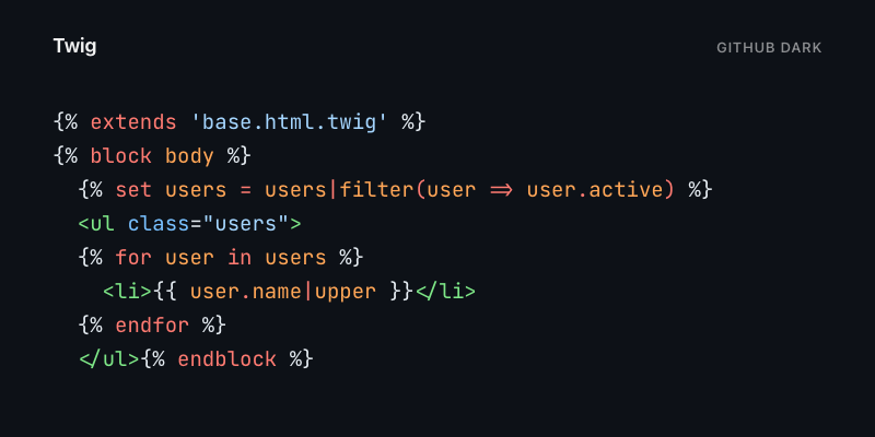 Twig highlighted with GitHub Dark